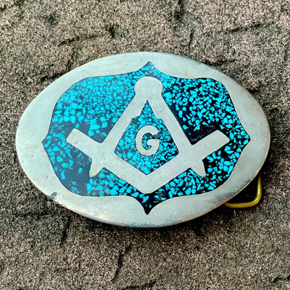 Vintage OOAK handmade cast metal Masonic belt buckle w/turquoise chip inlay.